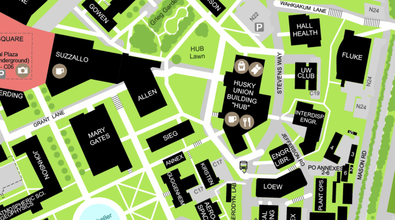 Map of HUB at the University of Washington. A more accesible version of map may be available on University of Washington website link above.